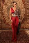 Buy_Aditi Gupta_Red Satin, Lycra, Silk Embroidery V-neck Pre-draped Saree With Blouse _at_Aza_Fashions