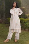 Buy_Dhaari_Off White Handwoven Cotton Silk Hand Embroidered Kantha Ruffle Collar Dress _at_Aza_Fashions