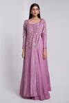 Buy_Suruchi Parakh_Purple Crepe Sequins Square Neck Pre-draped Lehenga Saree Set _at_Aza_Fashions