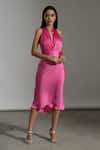 Buy Pink Shell: 100% Satin Georgette Plain Halter Pleated Neck Midi ...