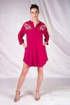Buy_Seesa_Pink Crepe, Silk Embroidery Mandarin Collar Yoke Dress _at_Aza_Fashions