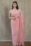 Buy_SUMMER BY PRIYANKA GUPTA_Peach Georgette Embroidery Thread V Scallop Bordered Saree With Blouse _at_Aza_Fashions