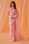 Buy_LASHKARAA_Pink Chanderi Printed Floral Halter Neck Pre-draped Saree With Blouse_at_Aza_Fashions