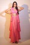 Buy_Pallavi Jaipur_Pink Jacket Chiffon, Lining Shantoon, Pants Silk Blend Tiered And Flared Set_Online_at_Aza_Fashions