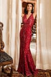 Buy_Nadine Dhody_Red Tulle Hand Embroidered Bead Deep V Neck Lyssa Trail Gown  _at_Aza_Fashions