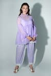 Buy_Jyoti Bansal_Purple Kota Embroidery Floral Ruffled Neck Trim Short Kurta _at_Aza_Fashions