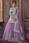 Buy_LASHKARAA_Purple Net Embroidery Zari V Neck Flower Kurta Lehenga Set _at_Aza_Fashions