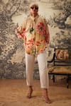 Buy_Kalista_Yellow Viscose Satin Printed Botanical Spread Collar Jasmin Tunic And Pant Set _at_Aza_Fashions