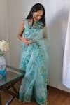 Buy_Meghstudio_Blue Saree  Organza Hand Painted Hibiscus Flowers  _at_Aza_Fashions