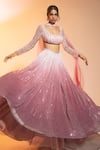 Buy_SAANJH BY LEA_Pink Net Sequins, Beads, Cut Work Scoop Anaisha Ombre Embroidered Lehenga Set _at_Aza_Fashions