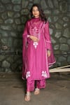 Buy_Pants And Pajamas_Pink Cotton, Silk, Felt Berry Floral Motif Kurta Pant And Dupatta - Set Of 3 _at_Aza_Fashions