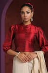 Buy_Weaver Story_Maroon Raw Silk Plain Band Collar Puff Sleeve Blouse _at_Aza_Fashions