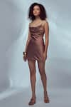 Buy_Style Junkiie_Brown Satin Mirror Round Asymmetric Strap Mini Dress  _at_Aza_Fashions