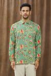 Shop_Siddhartha Bansal_Green Cotton Satin Floral Print Shirt_Online_at_Aza_Fashions