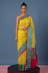Buy_Ekaya Banaras_Yellow Organza Handwoven Floral Patterns Banarasi Kadwa Saree  _at_Aza_Fashions