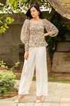 Buy_B'Infinite_Beige Crepe Print Floral Square Neck Vintage Top And Trouser Set _at_Aza_Fashions