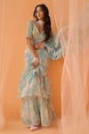 Buy_LASHKARAA_Green Georgette Printed Floral V Neck Chanderi Pre-draped Saree With Blouse_at_Aza_Fashions