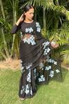 Buy_Meghstudio_Black Saree Viscose Chiffon Hand Painted With Unstitched Blouse Piece  _at_Aza_Fashions