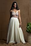 Buy_Kanj by Priyanka A Sakhuja_Off White Georgette Embroidered Sequin V Neck Edith Palazzo And Blouse Set _at_Aza_Fashions