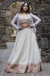 Buy_Priti Sahni_Ivory Silk, Organza, Georgette Pearls, Mirrorwork Floral Jacket Lehenga Set _at_Aza_Fashions