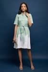 Buy_Escape By Aishwarya_Green Cotton Satin Collared Neck A-line Dress With Fabric Belt _at_Aza_Fashions