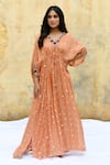 Buy_Label Niti Bothra_Peach Pure And Handwoven Banarasi Silk Embroidery Rosette V Neck 3d Motif Kaftan_at_Aza_Fashions