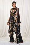 Buy_AK-OK_Black Silk Embroidery Round Neck Top And Trouser Set With Flower Print Kaftan _at_Aza_Fashions