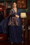 Buy_Priyanka Jain_Blue Velvet Lining Shantoon Abstract Print, Sequin And Peplum Kurta Sharara Set _at_Aza_Fashions
