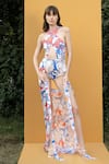 Buy_Mandira Wirk Resort_Blue Spandex And Chiffon Mist Print Halter Neck Bodysuit With Sarong _at_Aza_Fashions