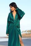 Buy_Zwaan_Green Armani Satin Shawl Collar Draped Shirt Dress_at_Aza_Fashions