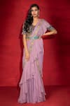 Buy_Miku Kumar_Purple Georgette Hand Embroidered Pre-draped Ruffle Saree With Blouse  _at_Aza_Fashions