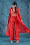 Buy_Kacha Tanka_Red Dupion Art Silk Embroidery Floral Lapel Mirror And Thread Crop Top Cape Set _at_Aza_Fashions