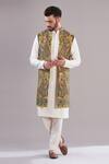 Buy_Kasbah_Yellow Georgette, Cotton Embroidery Kalamkari Long Open Shrug_at_Aza_Fashions