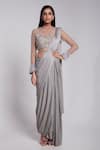 Buy_Suruchi Parakh_Grey Crepe Embroidered Cutdana Round Pre-draped Saree With Embellished Blouse  _at_Aza_Fashions