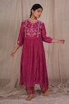 Buy_Pants and Pajamas_Pink Chanderi Mull Embroidery Mukaish V Neck Magnet Berry Chikankari Kurta _at_Aza_Fashions