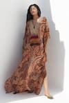 Buy_Nadima Saqib_Brown Georgette Print Mirror V Neck Paisley And Mandala Kaftan _at_Aza_Fashions