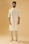 Buy_Raghavendra Rathore Blue_Off White Raw Silk Band Collar Straight Kurta _at_Aza_Fashions