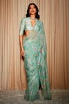 Buy_Dohr India_Green Saree Organza Printed Floral Scallop Border Pre-draped  _at_Aza_Fashions