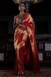 Buy_Kasturi Kundal_Red Pure Tissue Chevron Motifs Sunehari Potli Banarasi Handloom Saree  _at_Aza_Fashions