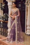 Buy_LASHKARAA_Purple Satin Embroidery Zari Flower Vine Pre-draped Saree With Blouse For Women_at_Aza_Fashions