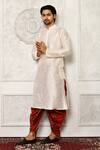 Buy_Arihant Rai Sinha_Red Dupion Silk Arrow Metallic Pattern Hem Cowl Pant _at_Aza_Fashions