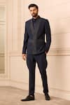 Buy_Tarun Tahiliani_Blue Bandhgala  Suiting Fabric Textured Linear Patterns And Jodhpuri Trouser Set _at_Aza_Fashions