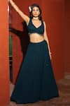 Buy_house of mithi kalra_Blue Georgette Plain V Neck Monochromatic Lehenga With Blouse _at_Aza_Fashions