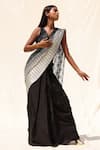 Buy_Richa Khemka_Black Spandex, Georgette Sequins V-neck Embellished Ombre Pant Saree Set_at_Aza_Fashions