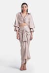 Buy_431-88 By Shweta Kapur_Beige Satin Shawl Neck Sharyn Twisted Top _at_Aza_Fashions