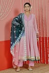 Buy_Myaara_Pink Georgette, Cotton, Organza Sequins, Embroidery Split V-neck Anarkali Set _at_Aza_Fashions