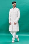 Buy_RNG Safawala_Off White Raw Silk Embroidery Thread Stone Sherwani Set _at_Aza_Fashions