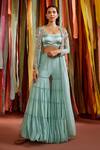 Buy Label Sanya Gulati Green Satin, Georgette, Linen Floral Embroidered Cape With Tiered Sharara Set at Aza Fashions Buy_Label Sanya Gulati_Green Satin, Georgette, Linen Floral Embroidered Cape With Tiered Sharara Set _at_Aza_Fashions