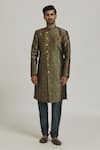 Buy_Samyukta Singhania_Grey Sherwani Banarasi Jacquard Woven Swirl Pattern With Churidar _at_Aza_Fashions