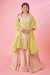 Buy_Shyam Narayan Prasad_Green Modal Satin Floral Patchwork Kurta Lehenga Set_at_Aza_Fashions